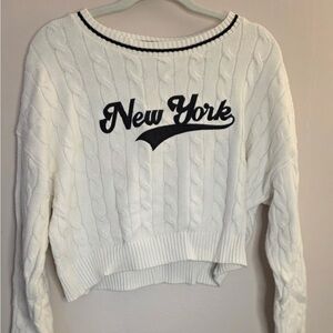 Kohl's White V-Neck Cable Knit Sweater with New York Design